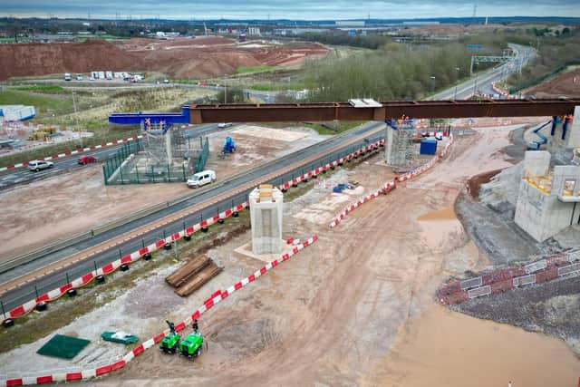 The 84 metre viaduct section moved over the westbound link road. Photo courtesy of HS2 Ltd