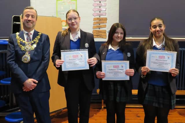 Intermediate winners from Kingsley School with Warwick Mayor Cllr Oliver Jacques. The team were Annabel Beatty, Natasha Thomas and Shivon Kaur. Photo supplied