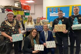 The Mayor of Whitnash Simon Button, Mayor of Leamington Alan Boad, Abby and Liss from Child friendly Warwickshire, the Mayor of Warwick Oliver Jacques and store manager Rob Apted and operations manager Dave Jones with community champion Alex Pearson. Photo supplied