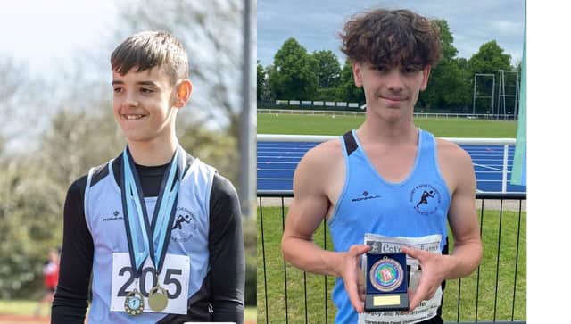 Zak Thorpe - a triple winner in the hurdles, shot and long jump and Robbie Dale - the U15s 300m victor