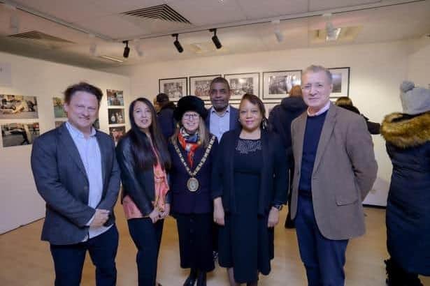 James Rogan, co-director of the Bafta award-winning documentary Uprising; Lorna Tavares; Cllr Carolyn Watson-Merret, then Mayor of Rugby; Robert Ruddock; Cllr Brenda Dacres, Deputy Mayor of Lewisham - and MP Mark Pawsey, attended the New Cross fire remembrance event at Rugby Art Gallery and Museum in January.