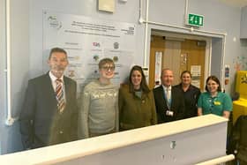 Russell Hardy (SWFT chair), Joseph and Lucy Froggatt, Glen Burley (SWFT CEO), Debbie Sherwell (lead paediatric nurse) and Freya Asker (play specialist).