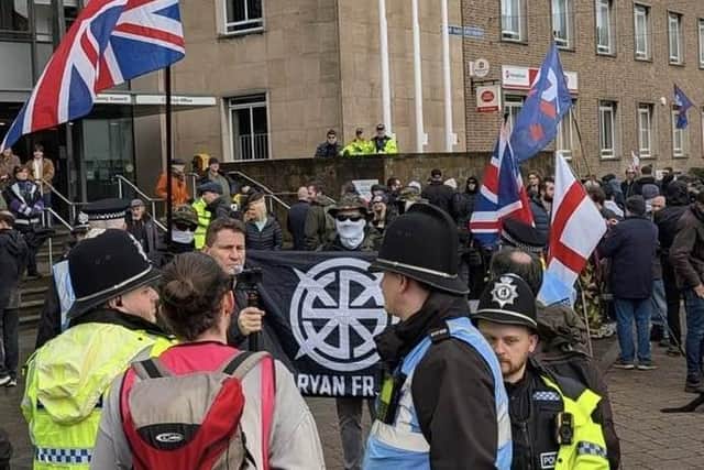 Members of the anti-migrant protest group outside Shire Hall. Photo supplied by Matt Western