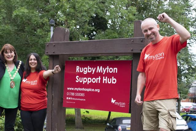 Rugby Mayor Maggie O'Rourke, Daksha Mistry, the council's Mayor and civic officer, and Deputy Mayor, Cllr Simon Ward, at Rugby Myton Hospice.
