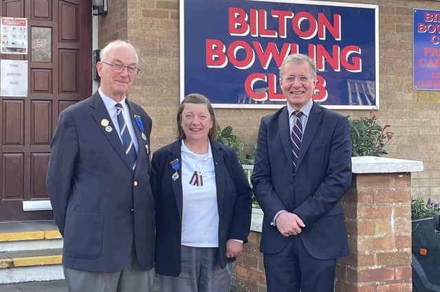 Bilton's men’s president Richard Stocking and ladies' president Helen Scott are pictured with Rugby MP Mark Pawsey.