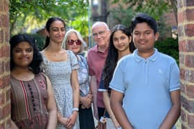 Pictured (l-r) Adrija Ganguly ((Rugby High); Supriya Banwait (Rugby High); Liz Pickon (judge); Andy Roughton (judge); Shamil Mariya (Bilton School) and Aadit Garg (Lawrence Sheriff).
