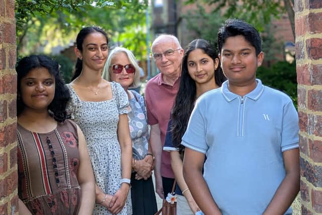 Pictured (l-r) Adrija Ganguly ((Rugby High); Supriya Banwait (Rugby High); Liz Pickon (judge); Andy Roughton (judge); Shamil Mariya (Bilton School) and Aadit Garg (Lawrence Sheriff).