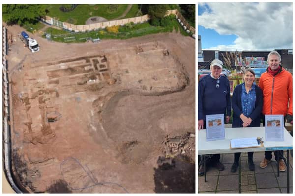 Left: The site of the swimming pool development. Right: Members of the Get it Done Right group collecting signatures for their petition.