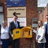 Cllr Simon Ward; Karen Herrington; Will Quince MP, Minister of State for Health and Secondary Care; Naomi Issitt; Cllr Yousef Dahmash and Mark Pawsey MP with the OurJay Defibrillator installed at Mark’s constituency office.