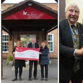 Warwick Rotary President Alan Bailey handing over the cheques to each charity. Left shows Warwick Rotary President Alan Bailey and Warwick Rotary Club secretary Jackie Crampton and Louise Careless (left) at Myton Hospices in Warwick. Rights shows Warwick Rotary President Alan Bailey handing a cheque to Warwick Mayor Cllr Oliver Jacques. Photo supplied