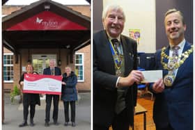 Warwick Rotary President Alan Bailey handing over the cheques to each charity. Left shows Warwick Rotary President Alan Bailey and Warwick Rotary Club secretary Jackie Crampton and Louise Careless (left) at Myton Hospices in Warwick. Rights shows Warwick Rotary President Alan Bailey handing a cheque to Warwick Mayor Cllr Oliver Jacques. Photo supplied