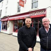 Matt Crowther (left) with Bill Wareing outside the former Café Rouge on Regent Street in Leamington Spa, where Taverna Meraki will open