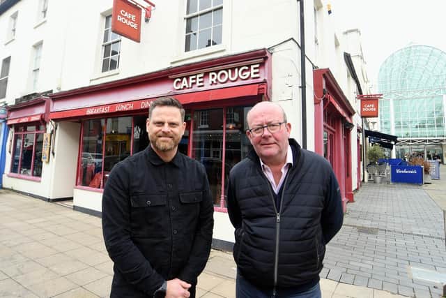 Matt Crowther (left) with Bill Wareing outside the former Café Rouge on Regent Street in Leamington Spa, where Taverna Meraki will open