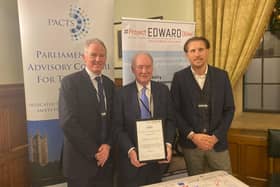 Warwickshire Police and Crime Commissioner Philip Seccombe (centre) receiving the award from Project EDWARD’s James Luckhurst (left) and Darren Lindsey (right). Image courtesy of Warwickshire Police.