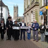 Pictured outside The Court House with St Mary’s Church in the background, left to right: Chris Kirby, General Manager, The Fusilier Museum Warwick, Andrew Brough, Guide at St Mary’s Church, Cllr Sidney Syson, Chairman of Warwick District Council, Brother Ken Browne, former Irish Guard and Brethren at The Lord Leycester, Dr Heidi Meyer, Master of The Lord Leycester, Cllr Oliver Jacques, Mayor of Warwick, Lesley Langdon, Secretary of the Royal Naval Association Warwick Branch, Philip Wilson, Trustee and Archivist at The Warwickshire Yeomanry Museum, Sharon Forman, Archivist at Warwickshire County Record Office and Christine Shaw, Warwick War Memorial. Photo supplied by Warwick District Council