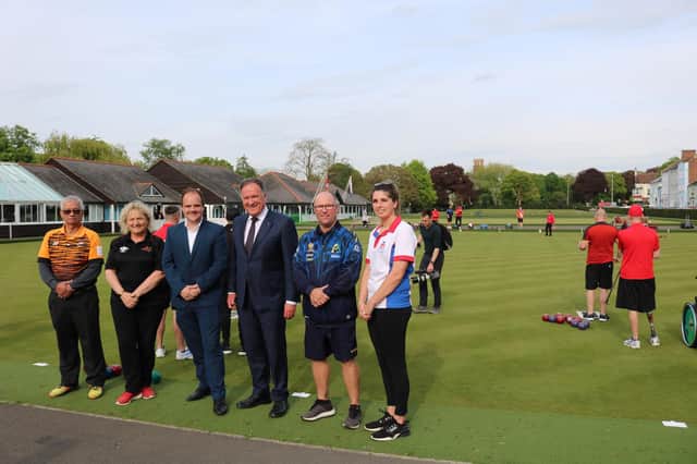 Pictured: from left to right Tuan Syed (Malaysian Bowls Team), Hazel Wilson (Bowls Wales), Cllr Liam Bartlett (Warwick Distict Council Culture, Tourism & Leisure Portfolio), Cllr Andrew Day (WDC Leader), Gary Willis (Bowls Australia), Laura Holden (Bowls England).