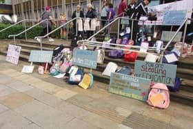 The backpack protest at Shire Hall in Warwick against what some parents and carers have described as a "crisis" in SEND services in Warwickshire. Photo by Geoff Ousbey.