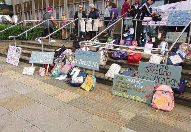 The backpack protest at Shire Hall in Warwick against what some parents and carers have described as a "crisis" in SEND services in Warwickshire. Photo by Geoff Ousbey.