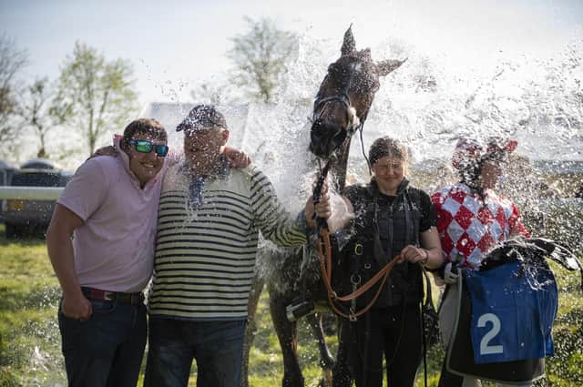 (From left) Marton trainer Tom Ellis celebrates after winning the Restricted Race with Arctic Oscar, with Lenny Owen (owner), Martha Reeve (groom) and Gina Andrews (jockey). PICTURE BY HATTIE AUSTIN www.hattieaustinsportphotographer.com
