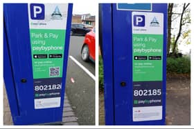Left: A parking machine with the scam QR code on it. Right: A genuine parking machine without the QR code.