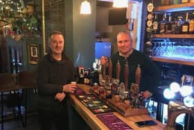 Tim Maccabee (left), landlord at Warwick pubs The Eagle and The Old Post Office, is swapping pints for the pulpit as he does a reading at St Mary Immaculate Catholic Church in the town, while the church’s priest Father Patrick Mileham (right) will be serving behind the bar at the Old Post Office on Christmas Day. Photo supplied