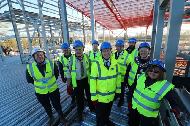 Pictured at the site of the new Castle Farm Leisure centre from left to right Robert Johnstone (Kier), Councillor Richard Hales (WDC Kenilworth Abbey & Arden), Douglas Faulconbridge (Kenilworth Scouts), Padraig Herlihy (WDC Project Manager), Sir Jeremy Wright MP, Councillor Andrew Day (WDC Leader), Gareth Wagg (Everyone Active), Councillor Samantha Louden-Cooke (Mayor of Kenilworth), Wynn Fitchett (Kenilworth Guides). Picture supplied.