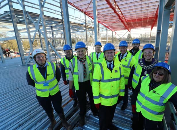 Pictured at the site of the new Castle Farm Leisure centre from left to right Robert Johnstone (Kier), Councillor Richard Hales (WDC Kenilworth Abbey & Arden), Douglas Faulconbridge (Kenilworth Scouts), Padraig Herlihy (WDC Project Manager), Sir Jeremy Wright MP, Councillor Andrew Day (WDC Leader), Gareth Wagg (Everyone Active), Councillor Samantha Louden-Cooke (Mayor of Kenilworth), Wynn Fitchett (Kenilworth Guides). Picture supplied.
