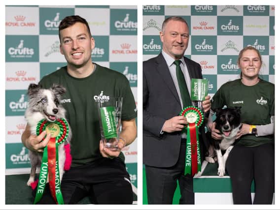 Left shows Selfie with Martin Reid and right shows Naarah Cuddy her Border Collie Runbye Goin Bananas (Banana for short) and Steve Reid Secretary of State for Environment, Food and Rural Affairs. Credit The Royal Kennel Club and Beat Media