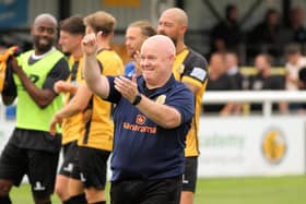 ​Paul Holleran celebrates Saturday’s win. Photo: Tim Nunan/Leamington FC.