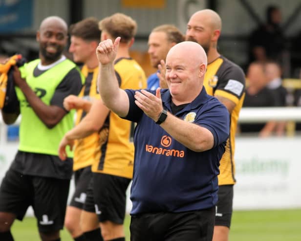 ​Paul Holleran celebrates Saturday’s win. Photo: Tim Nunan/Leamington FC.