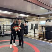 Danny Quartermaine is congratulated by Matt Western MP for winning the IBF European Super Featherweight belt. Picture supplied.