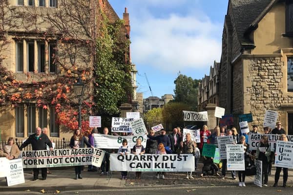 Barford villagers at St John's College in Oxford protesting against the college's plans to use land near the village as a quarry. Picture supplied.