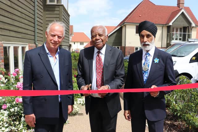 Left to right: James Cobb, director of Inspired Villages, Sir Trevor McDonald OBE and Cllr Parminder Birdi. Photo supplied