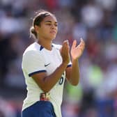 MILTON KEYNES, ENGLAND - JULY 01: Jess Carter of England acknowledges the fans following the Women's International Friendly match between England and Portugal at Stadium mk on July 01, 2023 in Milton Keynes, England. (Photo by Richard Heathcote/Getty Images)