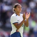 MILTON KEYNES, ENGLAND - JULY 01: Jess Carter of England acknowledges the fans following the Women's International Friendly match between England and Portugal at Stadium mk on July 01, 2023 in Milton Keynes, England. (Photo by Richard Heathcote/Getty Images)