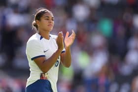 MILTON KEYNES, ENGLAND - JULY 01: Jess Carter of England acknowledges the fans following the Women's International Friendly match between England and Portugal at Stadium mk on July 01, 2023 in Milton Keynes, England. (Photo by Richard Heathcote/Getty Images)