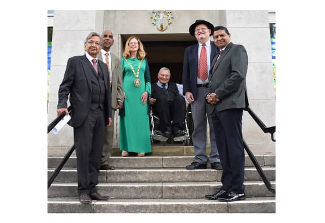 Dr Peter David, Cllr Morris Johns, the Mayor of Rugby Cllr Carolyn Watson-Merret, Dr James Shera, Jonathan Addleton and Dr Nayer Fardows at Rugby Town Hall.