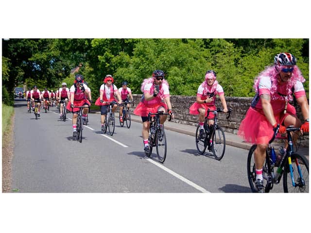 The riders took part in a three-day challenge, cycling from York through The Pennines and Derbyshire before arriving at The Durham Ox in Shrewley.  Photo by Dave Fawbert