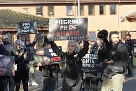 A group of 40 vegan campaigners demonstrated outside the headquarters of Pilgrims Pride Ltd at Warwick Technology Park on February 23. Photo supplied by Joey Carbstrong