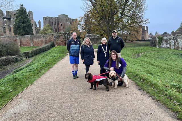 The Deputy Mayor of Kenilworth Pippa Austin with Alex Pearson and her dogs Archie and Chester, Trevor and Helen (Evelyn's parents) and Stuart Potts. Photo supplied