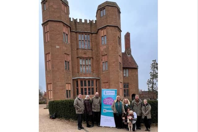 Alex Pearson, Morrisons community champion, her dogs Archie and Chester and Rachael Stevens from Safeline set off on the walk from Kenilworth Castle. Photo supplied