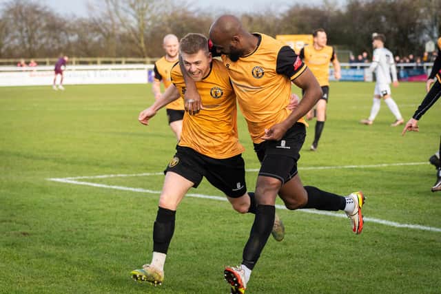 Will Shorrock opened the scoring for Leamington. Pic: Cameron Murray.