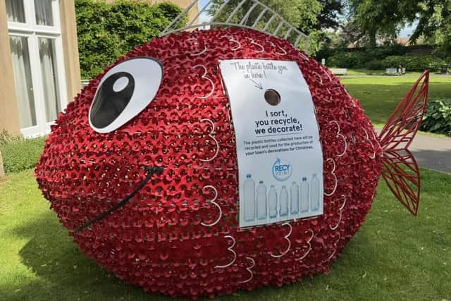A huge recycled fish made from plastic bottles is touring the town, and was spotted in the market square at the weekend before moving onto Hill Close Gardens, where it will be for the next few weeks. Photo supplied