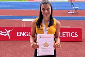 Rugby & Northampton AC's Grace McCollin won gold in the U15G 75m hurdles at the English Schools Championships