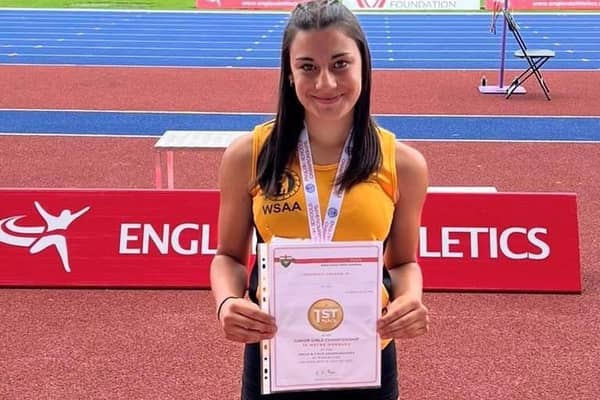 Rugby & Northampton AC's Grace McCollin won gold in the U15G 75m hurdles at the English Schools Championships