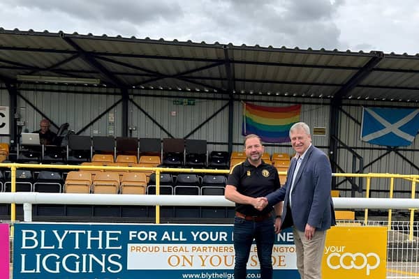 Simon Davies, Leamington FC Commercial Manager, with David Lester, senior partner at Blythe Liggins