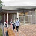A computer generated image of the entrance of the new Castle Farm Leisure Centre in Kenilworth.