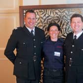 Fire Station Manager Dave Edge (right), with Crew Manager Daniel Evans – having both been awarded their 20 years’ service medals – joined by Phillipa Blair (centre) who was presented with the Chief Fire Officer’s Commendation. (photo from Oxfordshire County Council)