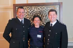 Fire Station Manager Dave Edge (right), with Crew Manager Daniel Evans – having both been awarded their 20 years’ service medals – joined by Phillipa Blair (centre) who was presented with the Chief Fire Officer’s Commendation. (photo from Oxfordshire County Council)