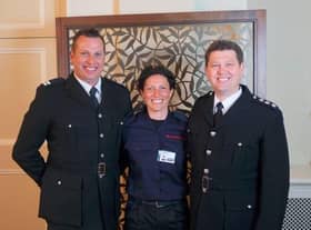 Fire Station Manager Dave Edge (right), with Crew Manager Daniel Evans – having both been awarded their 20 years’ service medals – joined by Phillipa Blair (centre) who was presented with the Chief Fire Officer’s Commendation. (photo from Oxfordshire County Council)